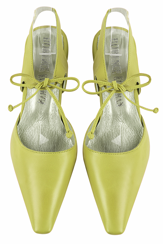 Pistachio green women's open back shoes, with an instep strap. Tapered toe. Medium spool heels. Top view - Florence KOOIJMAN